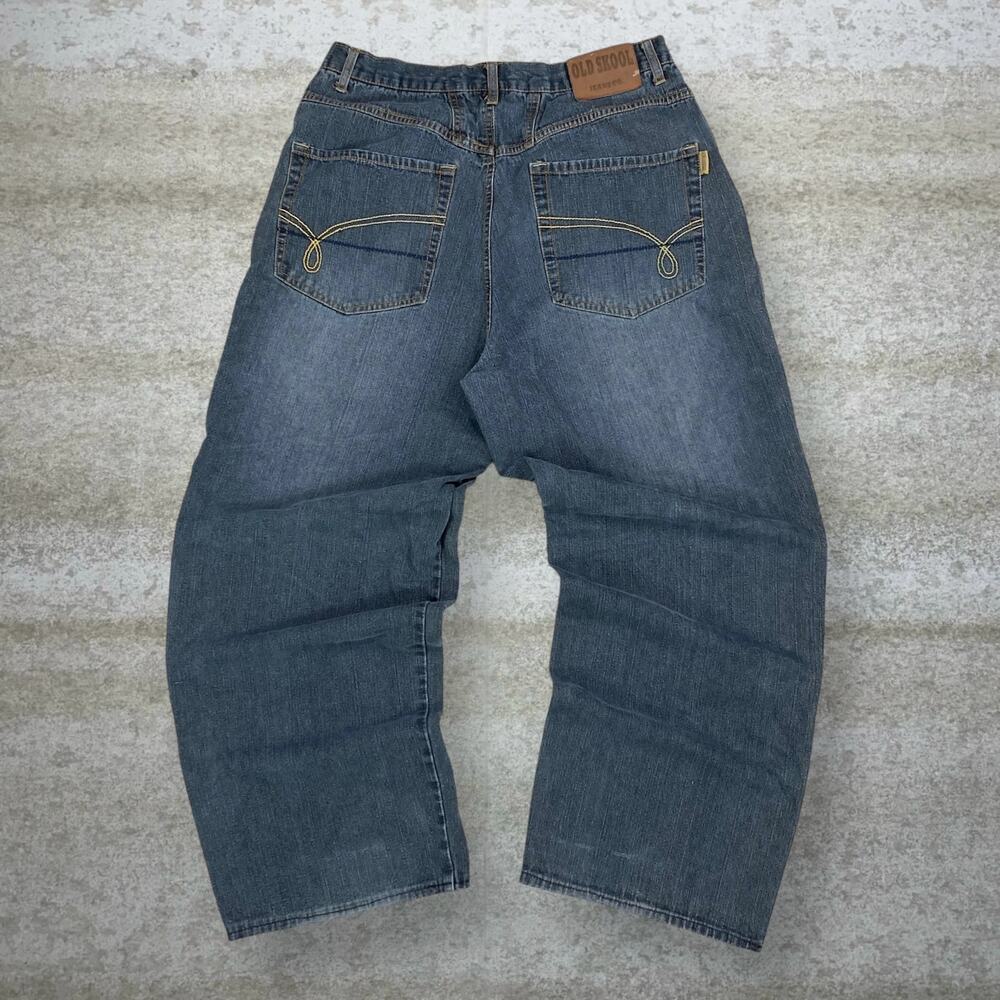 Vintage Y2K Old Skool Skater Jeans 34x28 Baggy Wide Leg Dark Wash Embroidered